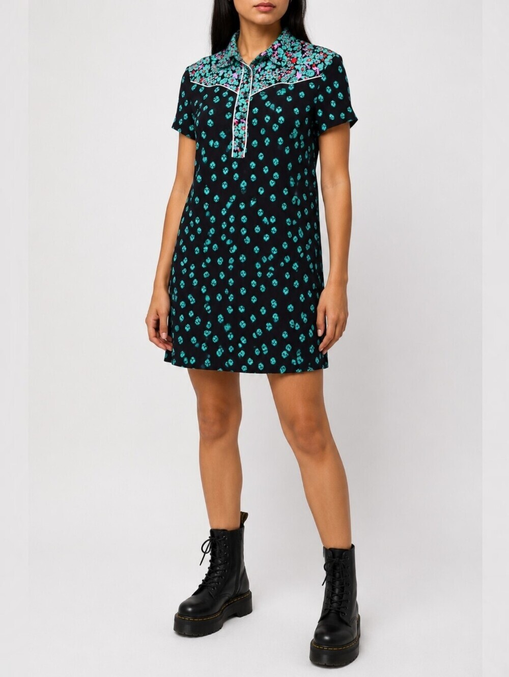 Maje Romani Floral Ruffle Collar Shift Mini Dress XS Parisian Chic Indie Sleaze